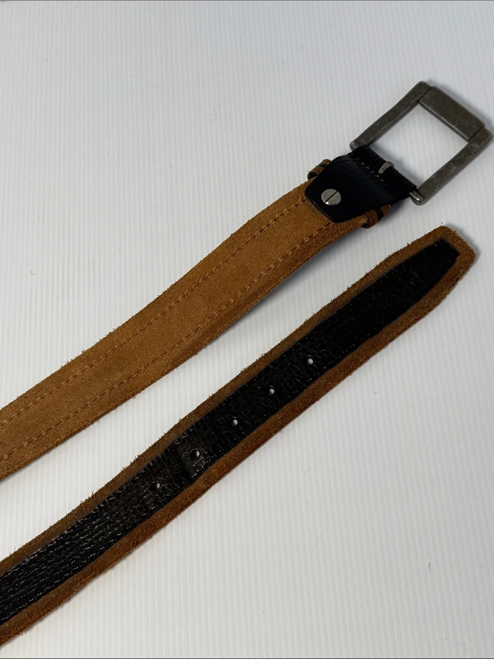 JOE'S Black Leather Brown Suede Raw Trim Men's Handmade Belt Size 38 Silver